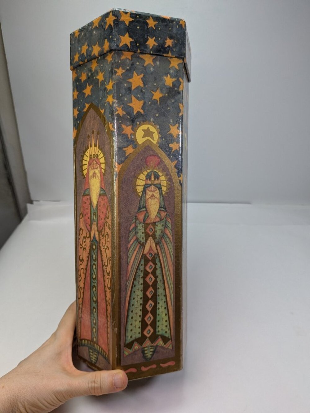 Vintage Three Kings Wise Men Saints Christmas Wine Gift Box Tall Hexagon 13"